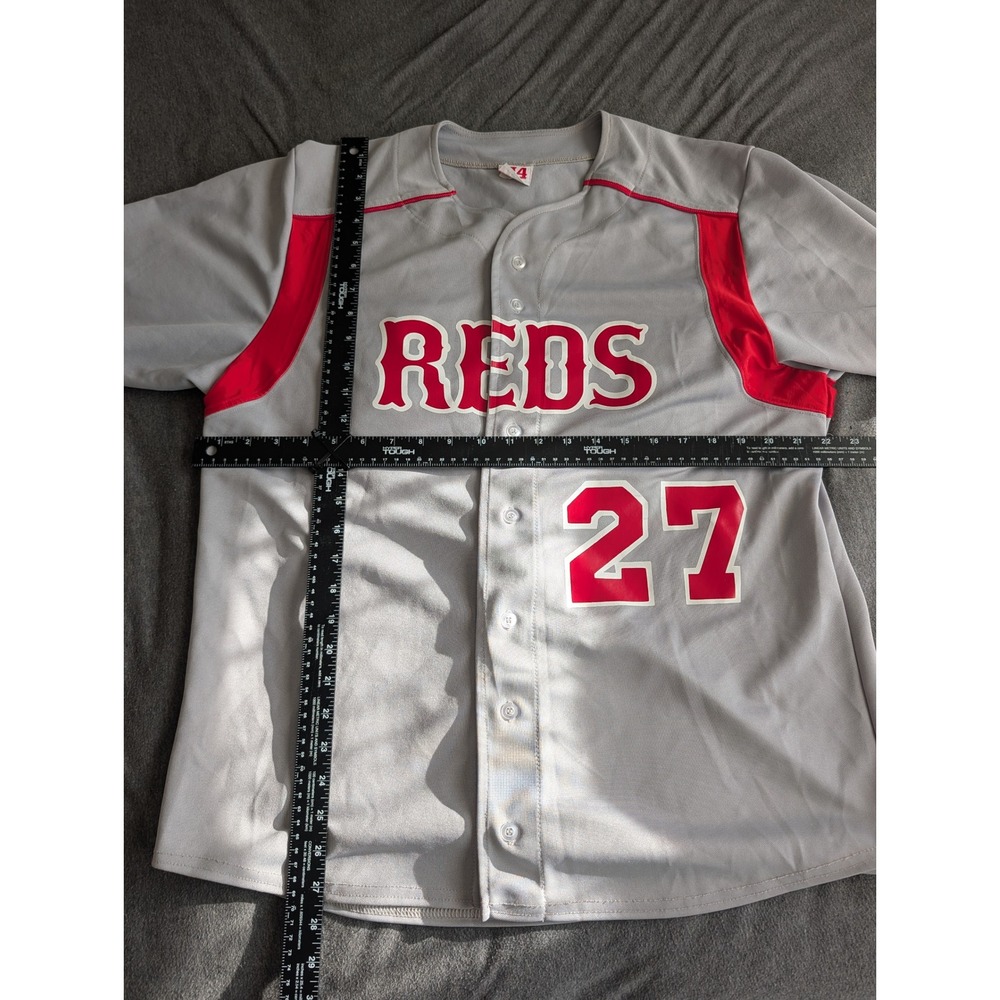 A4 Cincinnati Reds Baseball Jersey Grey Red Grobe 27 Mens Medium Button Up